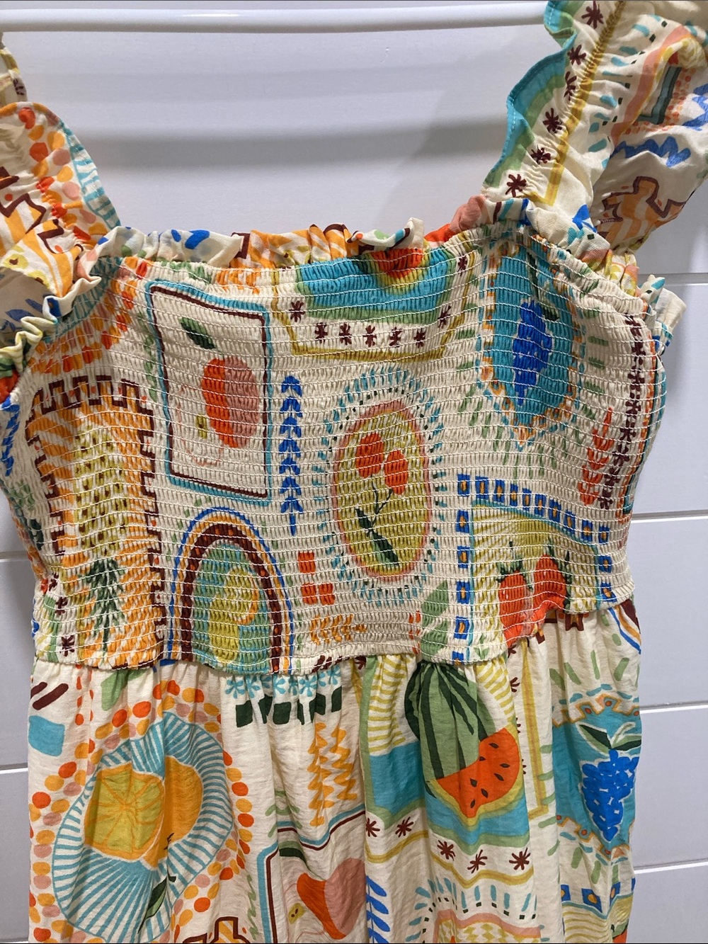 By the River Tropical Fruit Smocked Midi Dress-Sz Small-EUC-Cottagecore-Boho - Picture 5 of 7